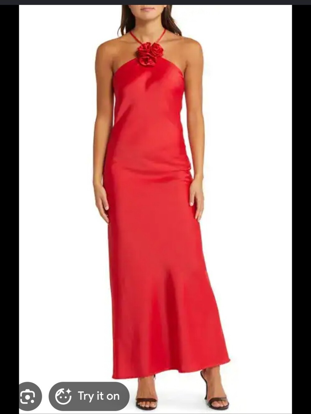Wayf Red Strapless Satin Gown with Rosette Detail